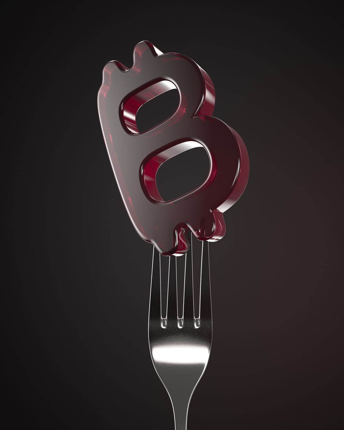 Un tenedor con una B (de bitcoin) de gelatina. 